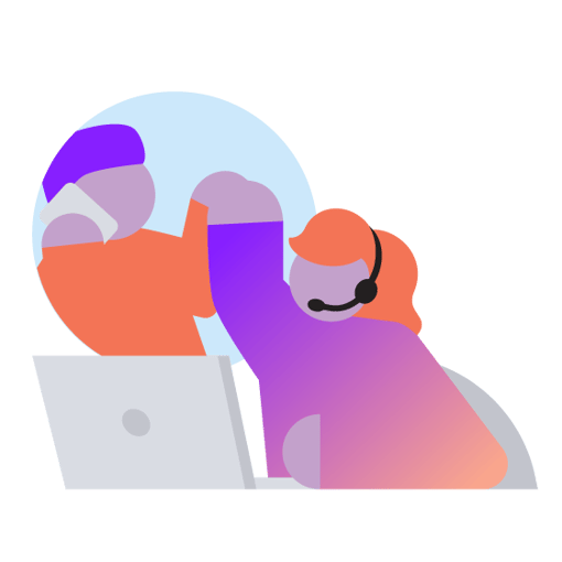 Illustration of a contact center agent wearing a headset and sitting in front of their laptop. The agent is "high-fiving" a customer who can be seen through an imaginary portal.