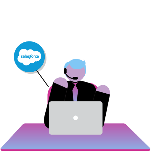 Illustration of a contact center agent sitting behind a laptop and wearing a headset. To the left of the agent is a Salesforce logo enclosed in a blue bubble.