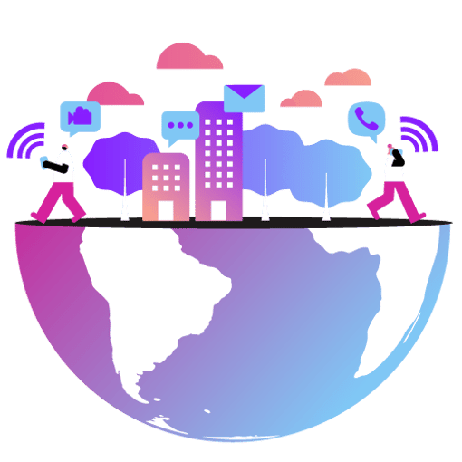 VoIP International Calls Thumbnail Illustration showing a globe with the top half removed, creating a bowl shape. On the top surface are people and businesses, as well as icons representing phone calls, texts, emails, and other cloud-based communications