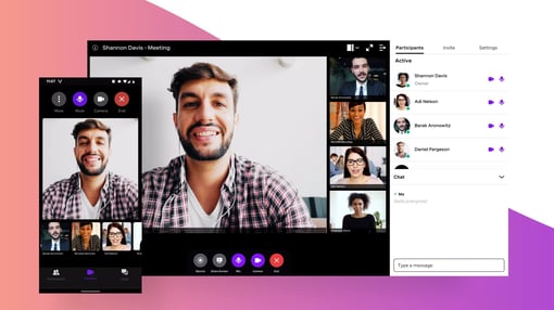 Product shot of Vonage Business Meetings on mobile device and desktop application Product shot of Vonage Business Meetings on mobile device and desktop application, man is speaking and other participants are on video
