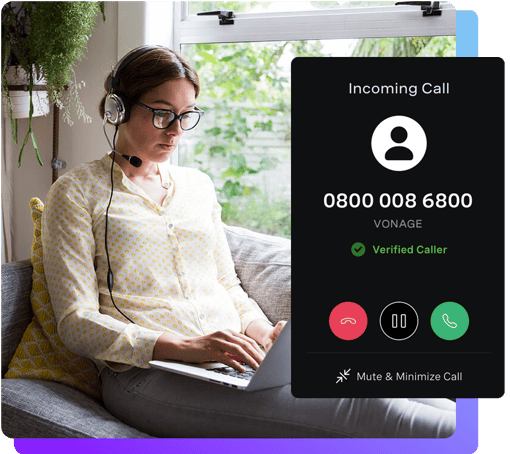 Incoming call prompt screenshot with woman using laptop on couch with headset on