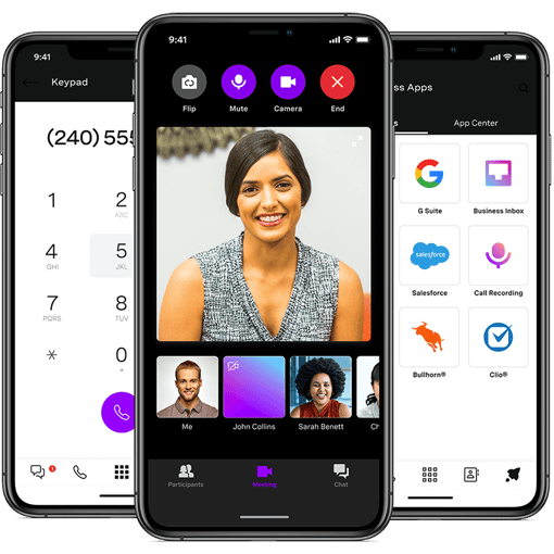 VBC Screenshot of Video call, phone call and app integrations on 3 cell phones