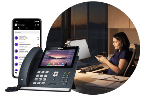 Unified Communications pricing header image A montage of the Vonage Unified Communications application, an office desk phone and a business person working after hours