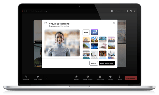 VBC Meetings Virtual Background blur for video screenshot on laptop