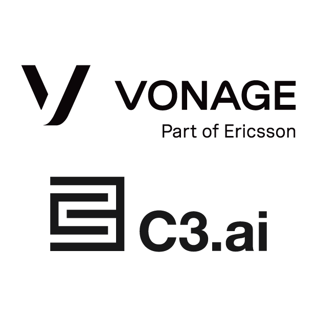 Black and white logo lockup with Vonage part of Ericsson and c3.ai