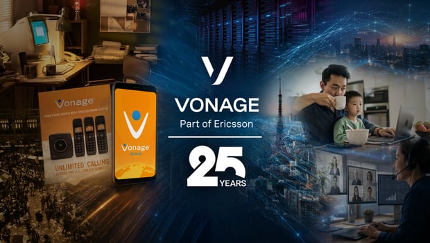 A montage representing 25 years of Vonage, with photos of desktop computers, mobile phones, the original Vonage logo in orange and blue, as well as a call center agent, and an image of a father and young toddler sitting in front of a laptop on a desk