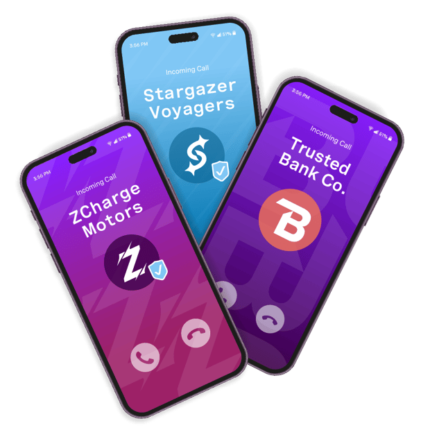 Three smartphones showing branded incoming calls with logos and verified badges.