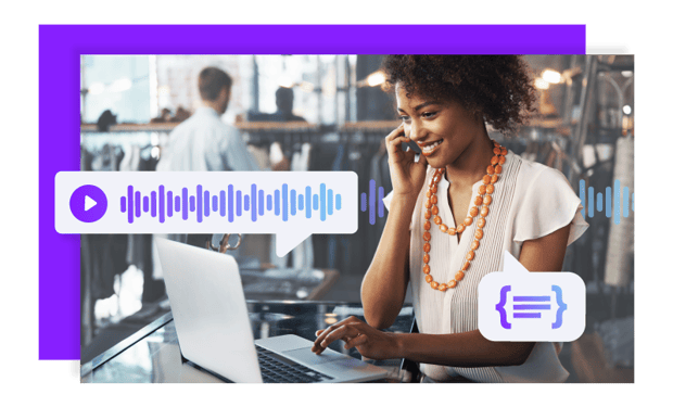 WEB RTC in-app voice being used by a woman on both her mobile device and desktop