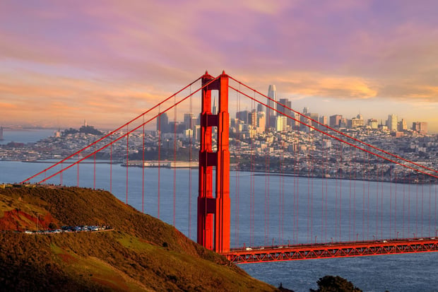 The San Francisco skyline with the Golden Gate Bridge in the foreground