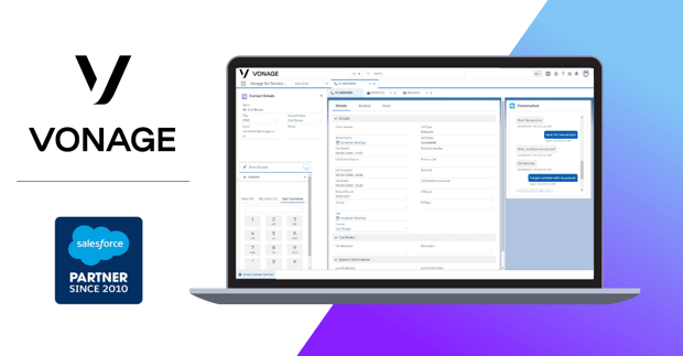 Vonage logo, Salesforce partner logo, and a laptop displaying Service Cloud Voice with Vonage