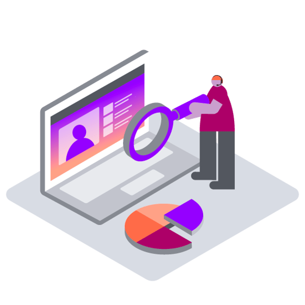 CC SEO Contact Center CRM Blog Header Illustration of an oversized agent holding a large magnifying glass in front of the screen of a laptop, showing a video conference in progress. On the ground in front of the laptop is a poie chart, with one of the slices raised out of the chart.