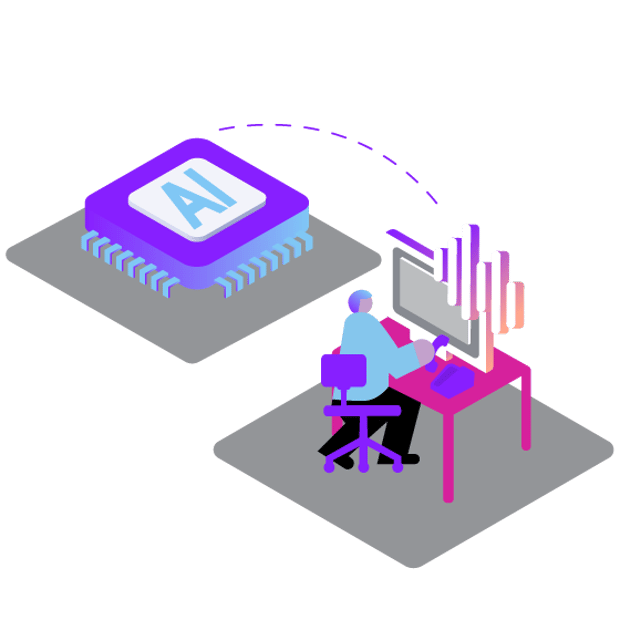 CC SEO Agent Assist Blog Header Illustration of a contact center agent at work in front of their computer. To the left is an icon representing AI, with a dotted line connecting it to the computer.