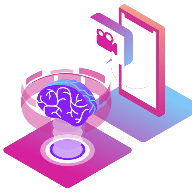 image of brain and camera, to depict how to use AI in video conferencing, including features and use cases