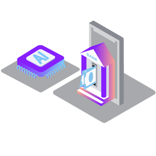 API SEO AI Banking Blog Header Illustration showing a bank facade with money going in or out through a slot in the door. Beside it is a chip-like icon representing AI.