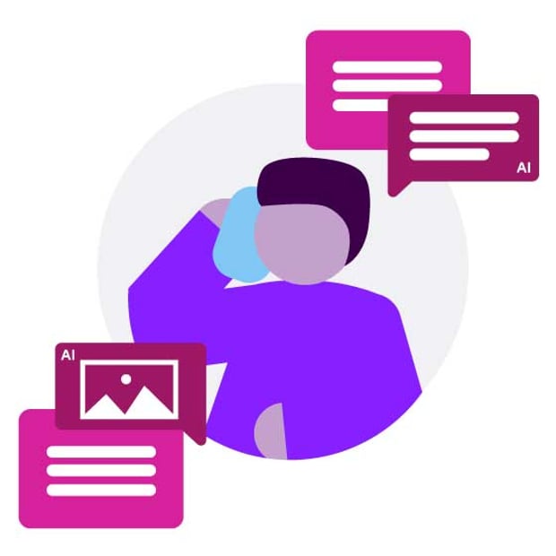API SEO AI Conversational AI Blog Header Illustration of a contact center agent surrounded by multiple text boxes representing conversations. Several of the text boxes are labeled AI.