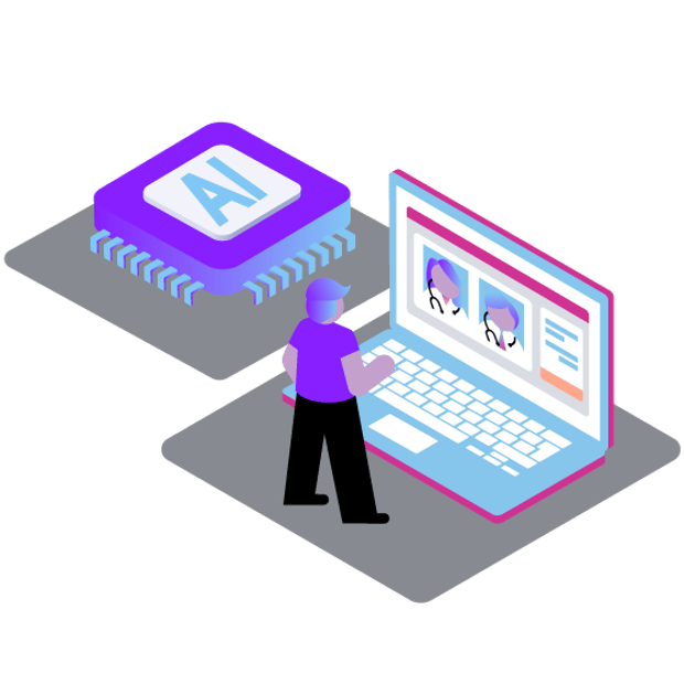 Illustration of a patient taking part in a telehealth session with two doctors on a laptop. Beside the laptop is an icon representing AI.