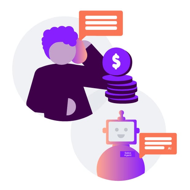 API SEO AI Sales Agent Blog Header Illustration of a customer having a phone or text conversation with a robot that represents an AI sales agent. Between the two figures is a stack of coins with a dollar sign on the top one.