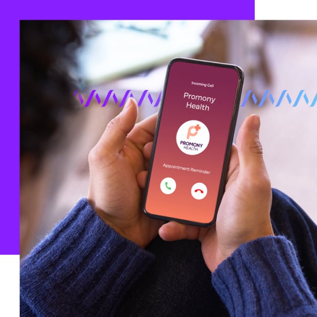 Close-up photo of a cell phone from the POV of the person holding it. On the screen are the name, logo, purpose of the call, and other details from branded calling. In the background, a series of small waveforms runs across the frame.