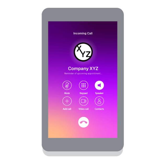 API SEO Branded Caller ID Blog Header Illustration of a cell phone screen showing branded caller ID items, including that there's an incoming call from Company XYZ, the company logo, and the purpose of the call.