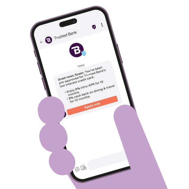 Illustration of a close-up view of a hand holding a cell phone. On the screen is a message from the bank to the customer about a credit-card pre-approval.