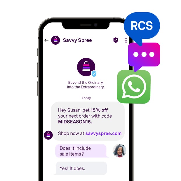 Illustration of a cell phone. On the screen is shown an ongoing text conversation between a store and a customer, with icons floating beside the screen representing phone calls and RCS.