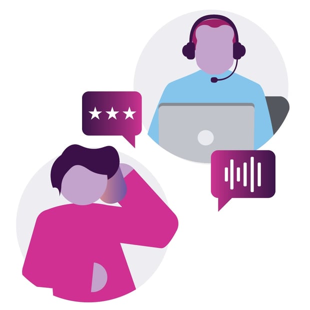Illustration of two people. In the top right is an agent wearing a headset and sitting behind a laptop. In the bottom left is a customer talking on their cell phone. Floating icons represent the conversation between the two people.