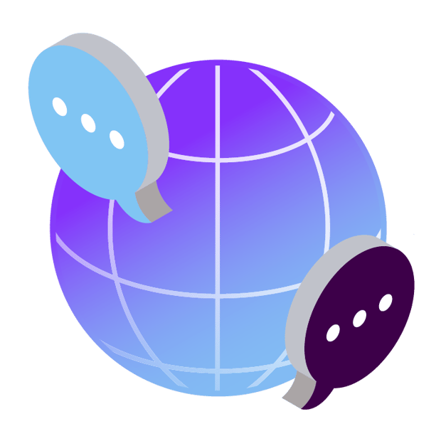 Illustration of a globe with callout icon bubbles on each side representing text messages.