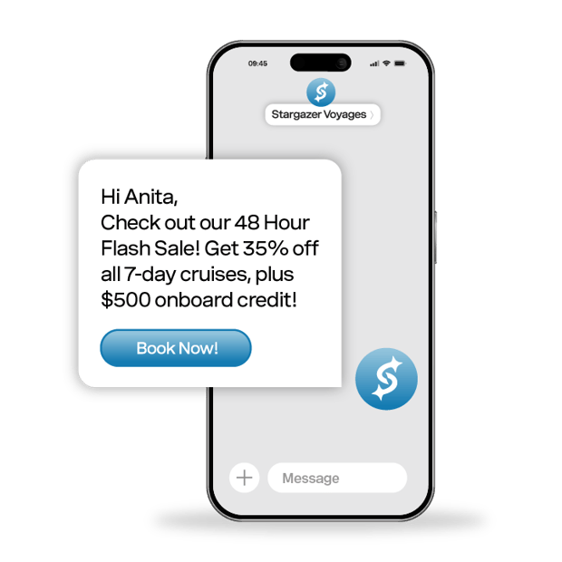 Illustration of a cell phone showing an ongoing messaging conversation. A callout shows a message from a company to a customer letting her know about a flash sale. 