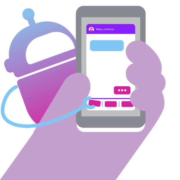 API SEO Predictive AI Blog Header Illustration of a hand holding a cell phone, which shows an ongoing text message on the screen. From the background, a robot figure is reaching around the phone and placing a bit of information onto the screen.