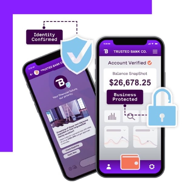 Illustration of two cell phones showing ongoing financial transactions or customer conversations. Callouts show checkmark and lock icons representing security.