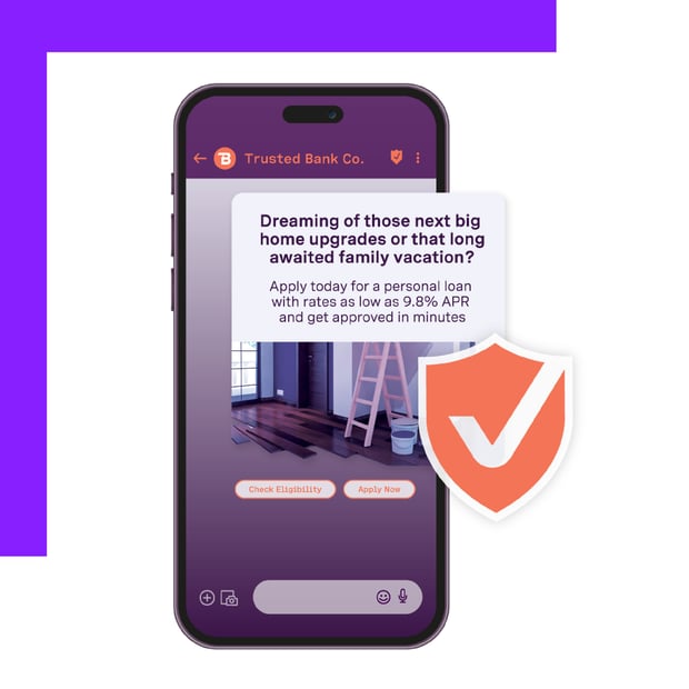 Illustration of a cell phone with a photo of an ongoing home improvement project on the screen. Callouts float in front of the screen showing an offer on personal loans and a security checkmark.