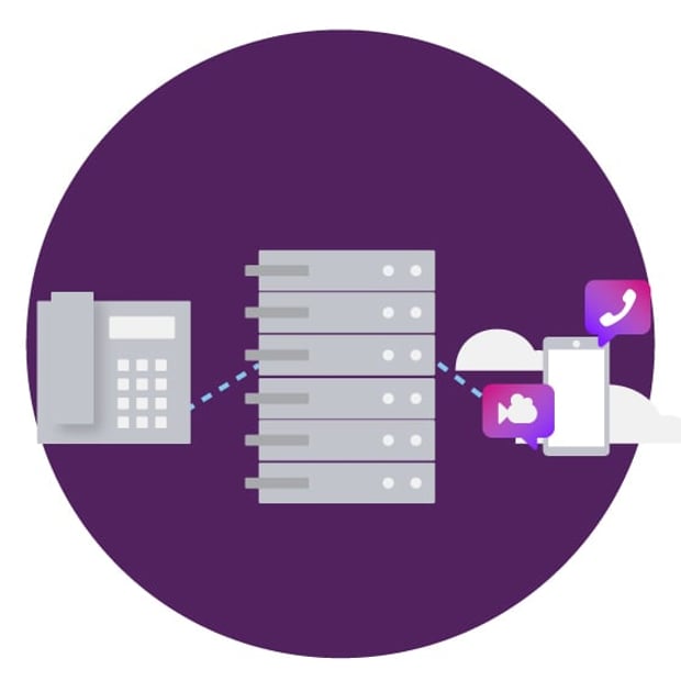 Illustration of a server stack flanked by a desk phone of the left and a cell phone on the right. The cell phone is surrounded by icons representing video, calls, and the cloud. 