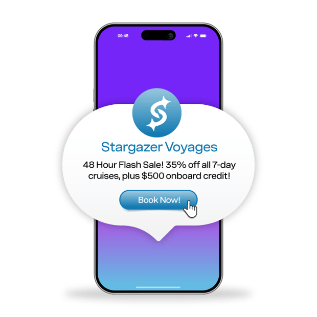 Illustration of a cell phone. In front of the screen is a callout showing an SMS message from a company offering a special sale.