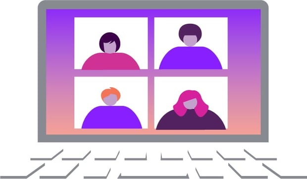 API SEO Teleconference Blog Header Illustration of close-up view of a computer screen, with the keyboard laying in front of it. On the screen are four people in a grid pattern, taking part in a teleconference.