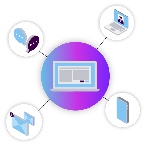 Illustration of a computer screen surrounded by icons representing video, email, chat, and voice.
