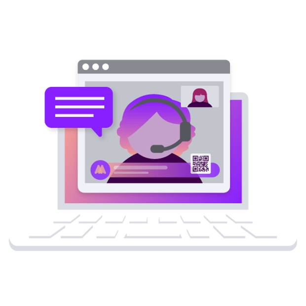 Illustration showing an ongoing video conferencing call on a computer screen. We can se both participants, and there are branding elements on the screen.