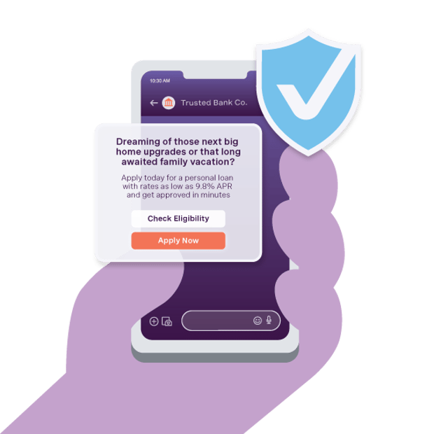 Illustration of a hand holding a cell phone. Floating in front of the screen are a sales message from a business and a blue "verified" checkmark.