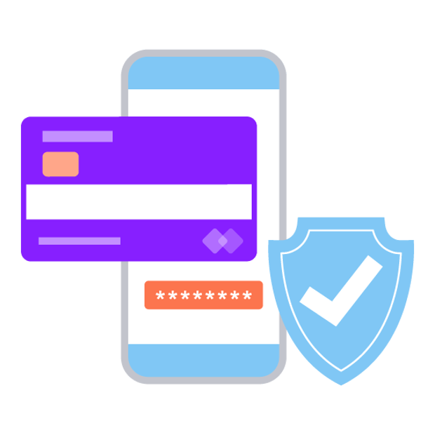 Illustration of a cell phone, a credit card, and a blue "verified" checkmark