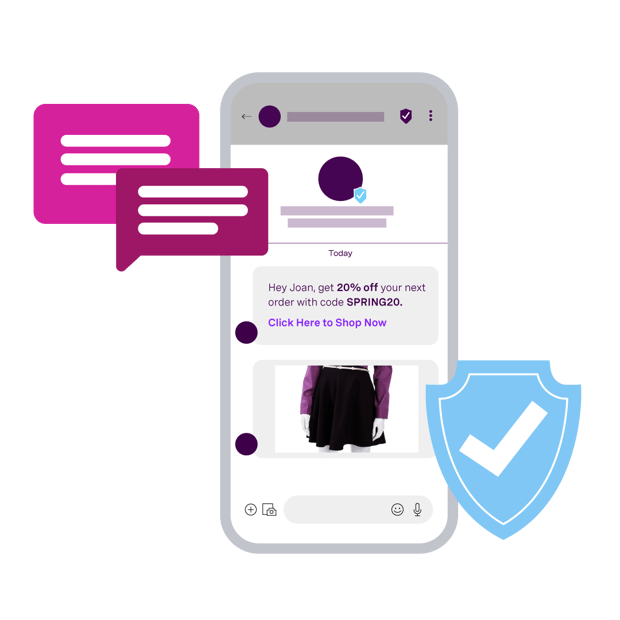 illustration of a cell phone showing an ongoing retail transaction. Floating in front of the phone are icons representing text messages and a blue "verified" check mark.