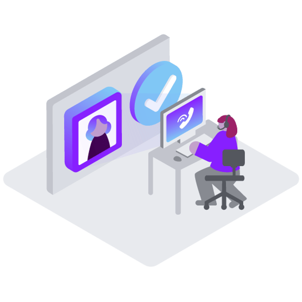 API SEO Caller Authentication Blog Header Illustration of a contact center agent sitting at their computer, with the monitor showing an in-process customer call. Behind the computer are two large icons showing the caller and a check mark representing successful authentication.