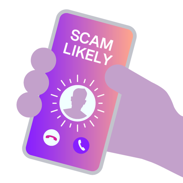 Illustration of a close-up view of a hand holding a cell phone. The screen shows an ongoing call, with the words Scam Likely appearing at the top.
