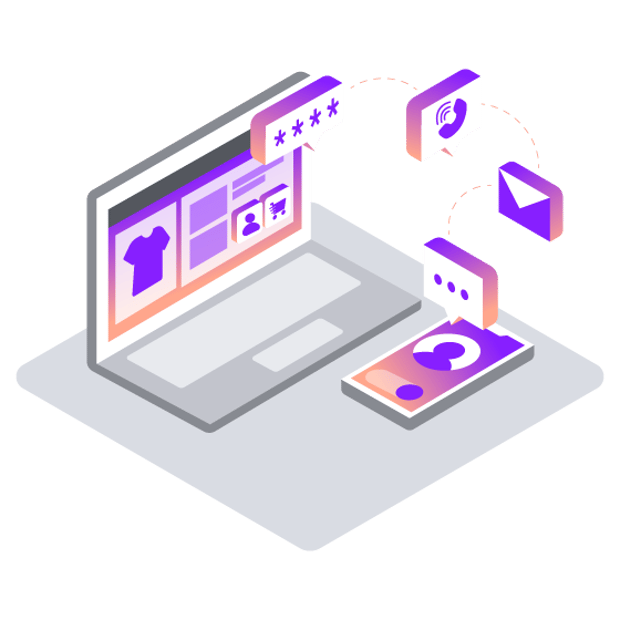Illustration of an open laptop and a cell phone laying on a surface. The laptop screen shows an ongoing ecommerce experience. Above the cellphone float several icons representing multichannel (email, chat, calls, etc.)