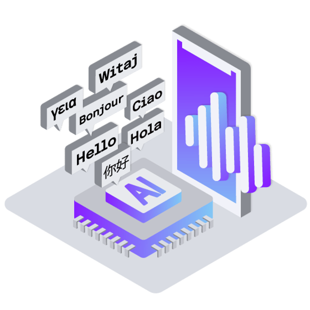 Illustration of an API component labeled AI, and a cell phone with icons representing a conversation. Callouts float above the component showing  the word for hello in several languages.