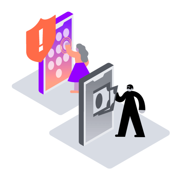 Illustration of a thief "pulling" cash from a cell phone and a woman entering a password or PIN into another cell phone. Above the woman's phone is a shield icon representing fraud protection.