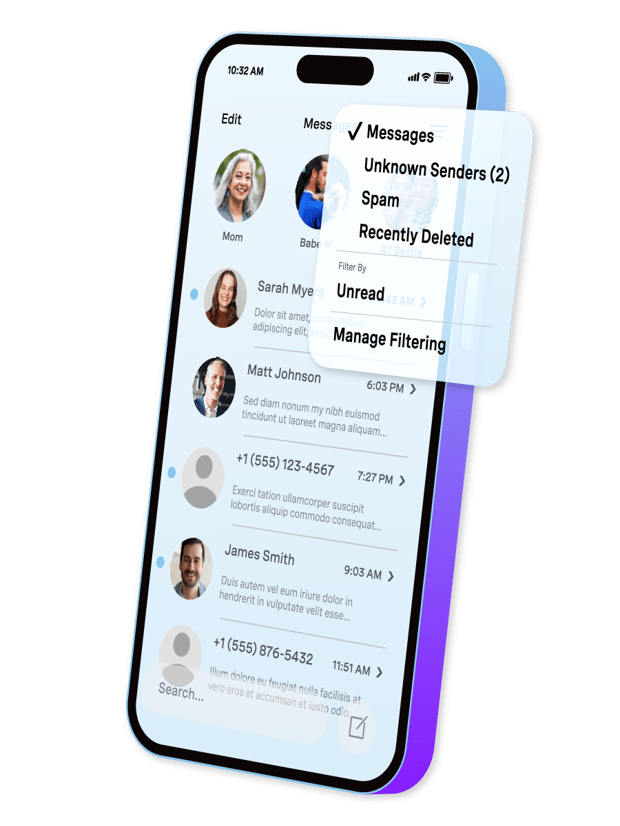 Illustration of an iPhone showing the Massages screen, with a callout showing details and options like Unknown Senders, Spam, Recently Deleted, Unread, and Manage Filtering