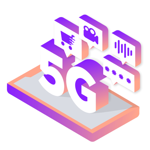 API SEO 5G for Business Blog Header Illustration of a giant 5G, surrounded by icons representing video, ecommerce, texting, and more.