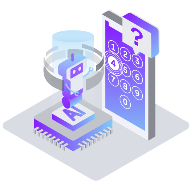 API SEO AI IVR Blog Header Illustration of a robot hovering above a computer chip labeled AI. Beside the robot is a cellphone showing the number pad and a large question mark.