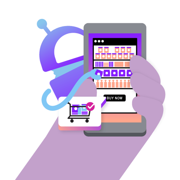 API SEO AI for Retail Blog Header Illustration of a hand hold holding a cell phone. On the screen is an image that looks like a vending machine, with a sign at the bottom that says "Buy Now." Beside the phone is a robot selecting items to add to his shopping cart.