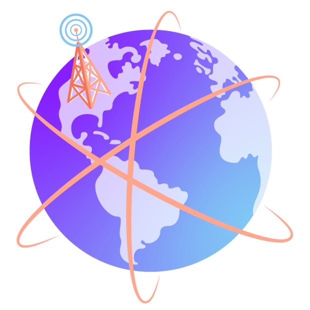 Illustration of the Earth, with an oversized cell phone tower shown sitting on North America. Three orange rings circle the globe representing digital communications.