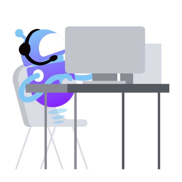 APP SEO CC AI Blog Header Illustration of a robot sitting at a desk while working on a computer
